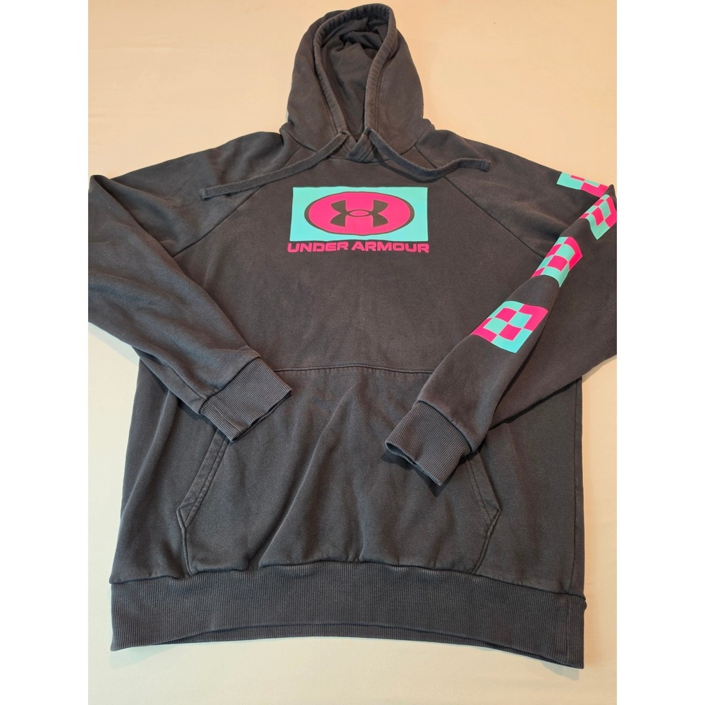 Under Armour Mens Rival Fleece Hoodie Gray Pink Teal Logo Graphic Pullover MD